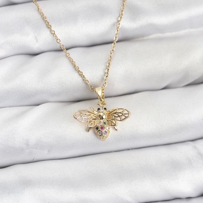 316L Çelik Zincir Gold Renk Sinek Model Zirkon Taşlı Kadın Kolye