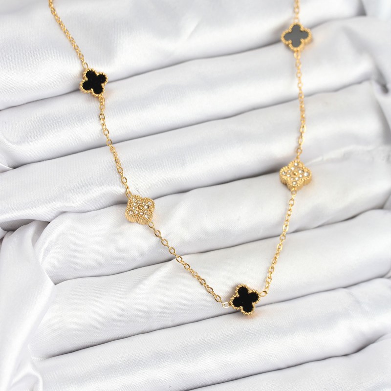 316L Çelik Zincir Gold Renk Siyah ve Zirkon Taşlı Baby Boy Yonca Kadın Kolye