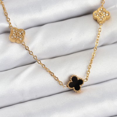 316L Çelik Zincir Gold Renk Siyah ve Zirkon Taşlı Baby Boy Yonca Kadın Kolye