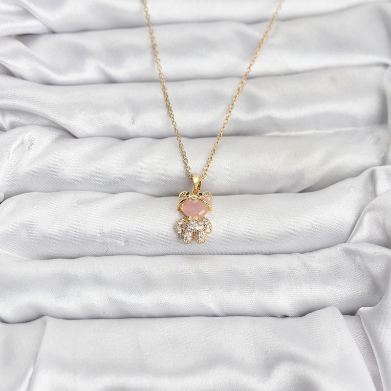 316L Çelik Zincir Gold Renk Teddy Bear Model Zirkon Taşlı Kadın Kolye