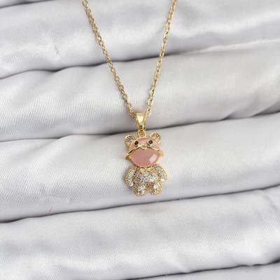 316L Çelik Zincir Gold Renk Teddy Bear Model Zirkon Taşlı Kadın Kolye