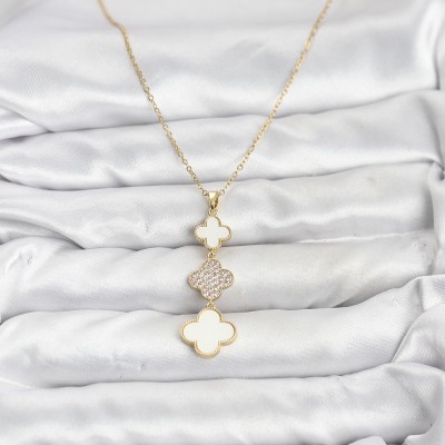 316L Çelik Zincir Gold Renk Yonca Detaylı Zirkon Taşlı Kadın Kolye