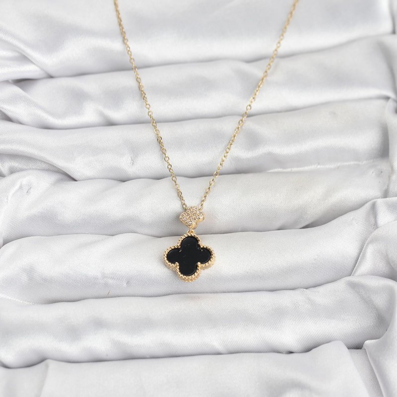 316L Çelik Zincir Gold Renk Yonca Model Zirkon Taşlı Kadın Kolye