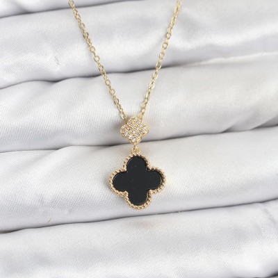 316L Çelik Zincir Gold Renk Yonca Model Zirkon Taşlı Kadın Kolye