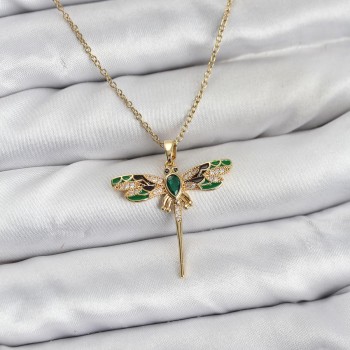 316L Çelik Zincir Gold Renk Yusufçuk Model Zirkon Taşlı Kadın Kolye