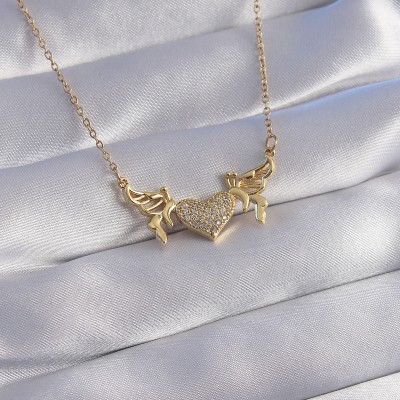 316L Çelik Zincir Gold Renk Zirkon Taşlı Kalp Model Kelebek Detay Kolye