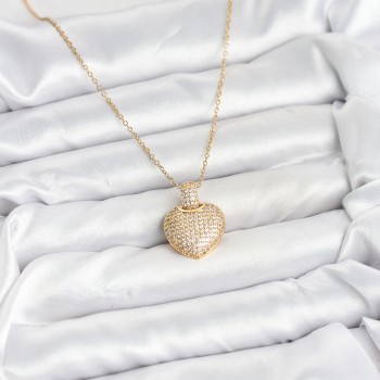 316L Çelik Zincir Gold Renk Zirkon Taşlı Kalpli Kadın Kolye