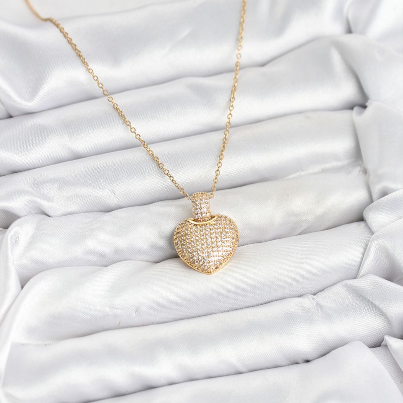 316L Çelik Zincir Gold Renk Zirkon Taşlı Kalpli Kadın Kolye