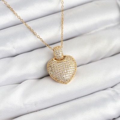 316L Çelik Zincir Gold Renk Zirkon Taşlı Kalpli Kadın Kolye