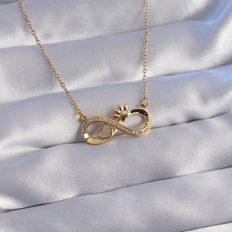 316L Çelik Zincir Gold Renk Zirkon Taşlı Pati ve Kalp Detaylı Sonsuzluk Kolye