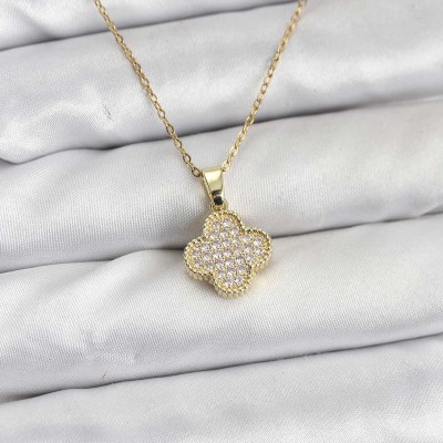 316L Çelik Zincir Gold Renk Zirkon Taşlı Yonca Model Kadın Kolye
