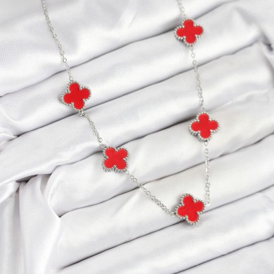 316L Çelik Zincir Gümüş Kırmızı Renk Yonca Kadın Kolye