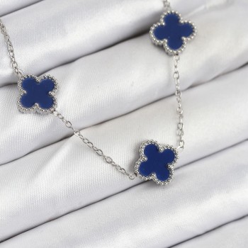 316L Çelik Zincir Gümüş Lacivert Renk Yonca Kadın Kolye