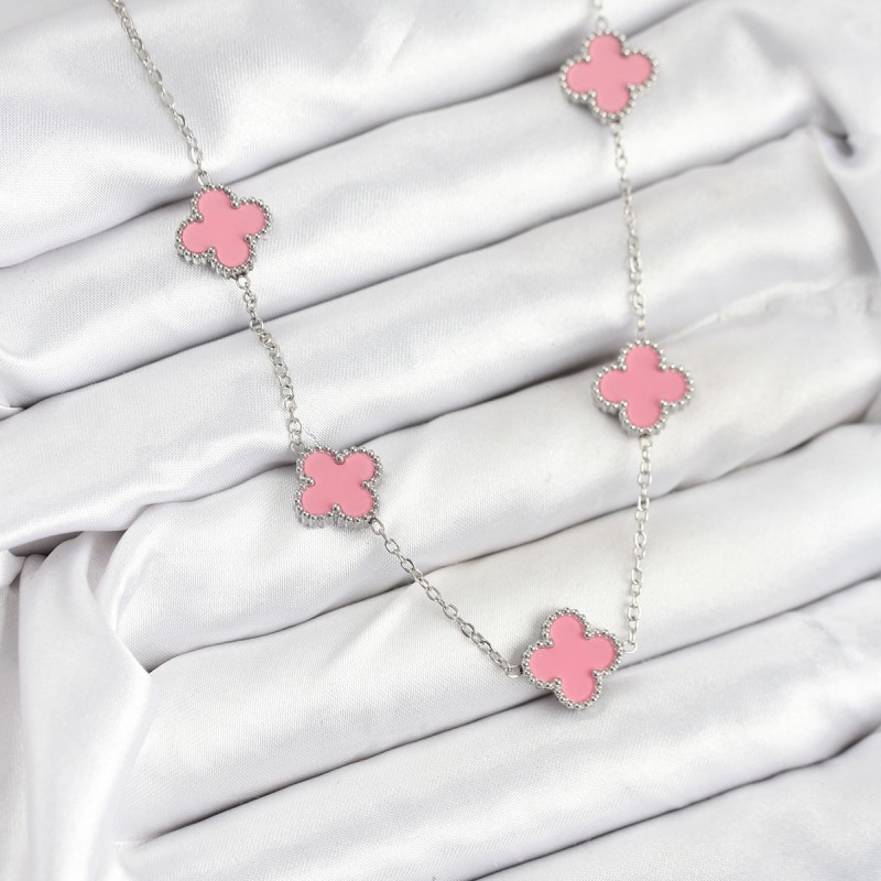 316L Çelik Zincir Gümüş Pembe Renk Yonca Kadın Kolye