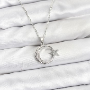 316L Çelik Zincir Gümüş Renk Ay Yıldız Model Zirkon Taşlı Kadın Kolye