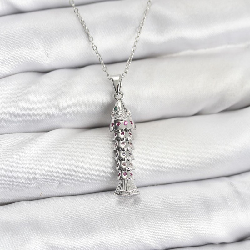 316L Çelik Zincir Gümüş Renk Balık Model Zirkon Taşlı Kadın Kolye