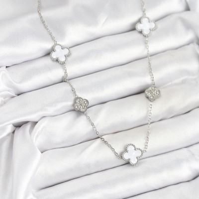 316L Çelik Zincir Gümüş Renk Beyaz ve Zirkon Taşlı Yonca Kadın Kolye