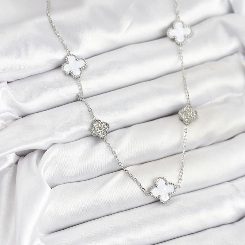 316L Çelik Zincir Gümüş Renk Beyaz ve Zirkon Taşlı Yonca Kadın Kolye