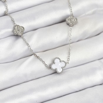 316L Çelik Zincir Gümüş Renk Beyaz ve Zirkon Taşlı Yonca Kadın Kolye