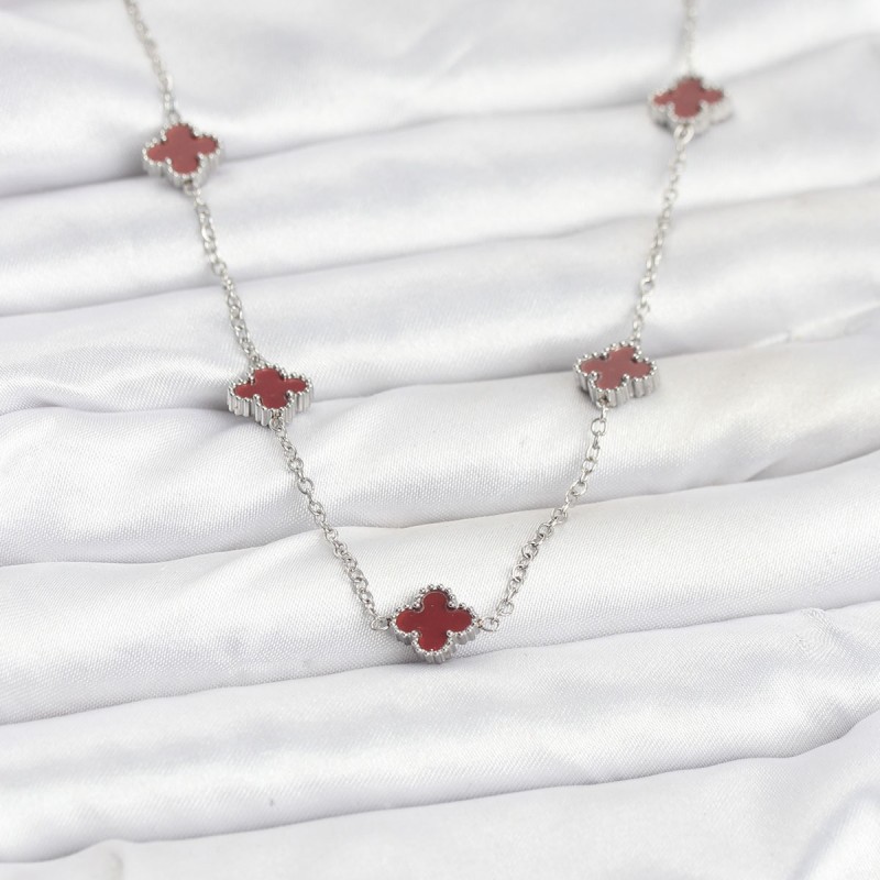 316L Çelik Zincir Gümüş Renk Bordo Baby Boy Yonca Kadın Kolye