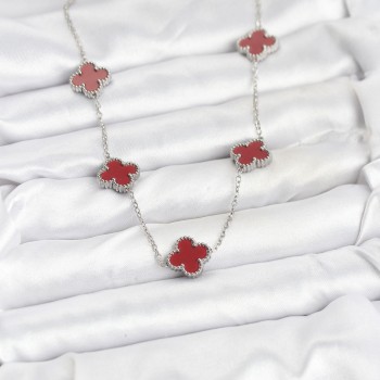 316L Çelik Zincir Gümüş Renk Bordo Renk Yonca Kadın Kolye