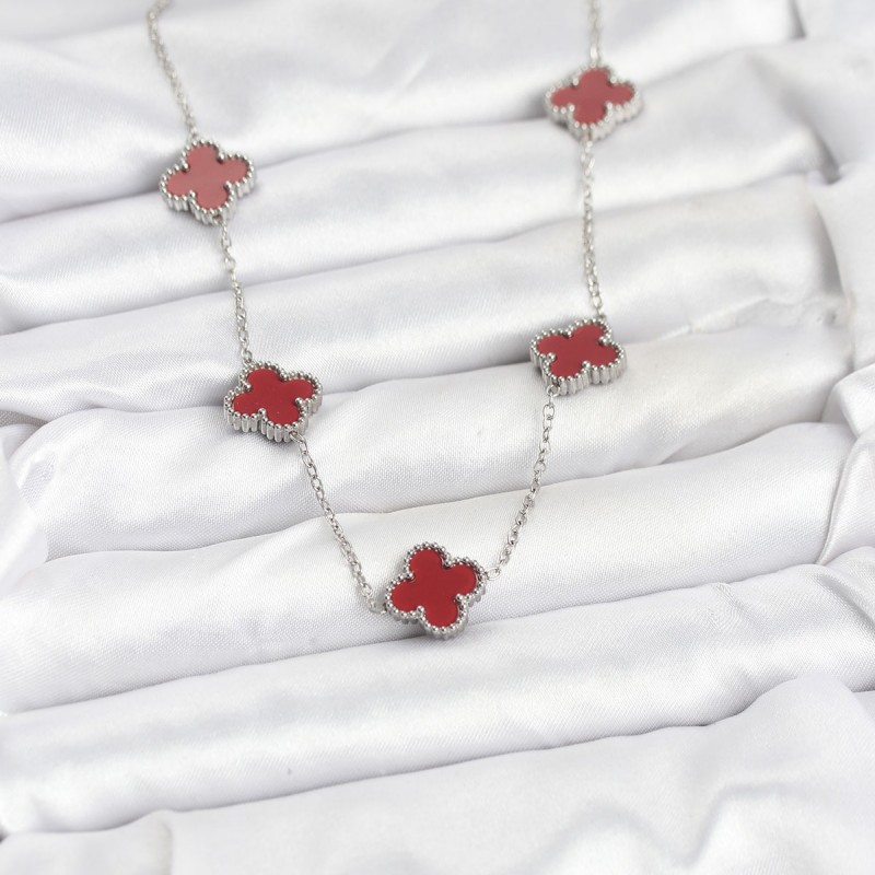 316L Çelik Zincir Gümüş Renk Bordo Renk Yonca Kadın Kolye