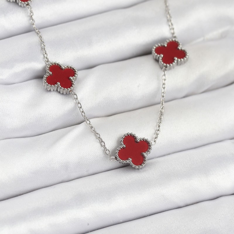 316L Çelik Zincir Gümüş Renk Bordo Renk Yonca Kadın Kolye