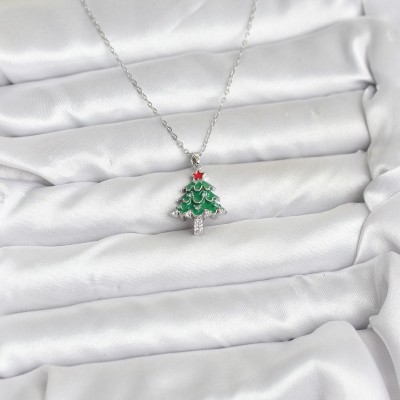 316L Çelik Zincir Gümüş Renk Çam Ağacı Model Yılbaşı Temalı Kadın Kolye