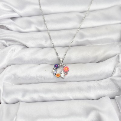 316L Çelik Zincir Gümüş Renk Çiçekli Kedili Model Kadın Kolye