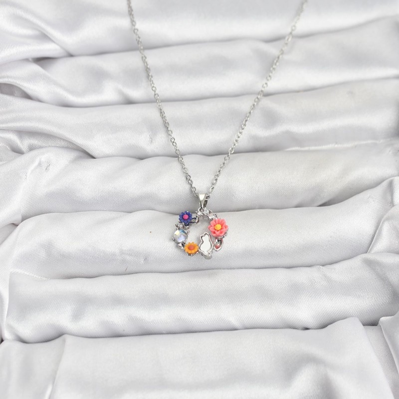 316L Çelik Zincir Gümüş Renk Çiçekli Kedili Model Kadın Kolye