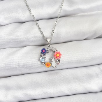 316L Çelik Zincir Gümüş Renk Çiçekli Kedili Model Kadın Kolye