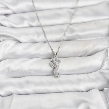 316L Çelik Zincir Gümüş Renk Deniz Atı Model Zirkon Taşlı Kadın Kolye