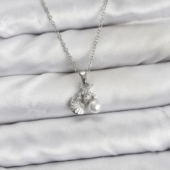 316L Çelik Zincir Gümüş Renk Deniz Kabuğu ve Deniz Yıldızı Model Zirkon Taşlı Kadın Kolye