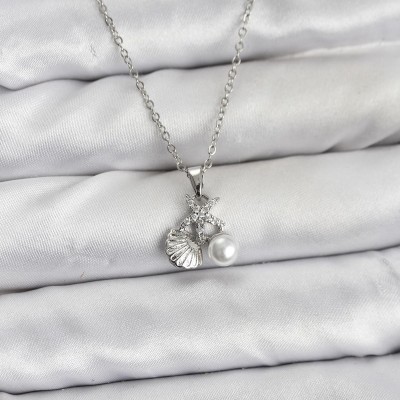 316L Çelik Zincir Gümüş Renk Deniz Kabuğu ve Deniz Yıldızı Model Zirkon Taşlı Kadın Kolye