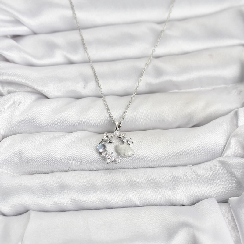 316L Çelik Zincir Gümüş Renk Deniz Tema Model Zirkon Taşlı Kadın Kolye