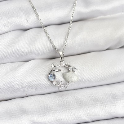 316L Çelik Zincir Gümüş Renk Deniz Tema Model Zirkon Taşlı Kadın Kolye