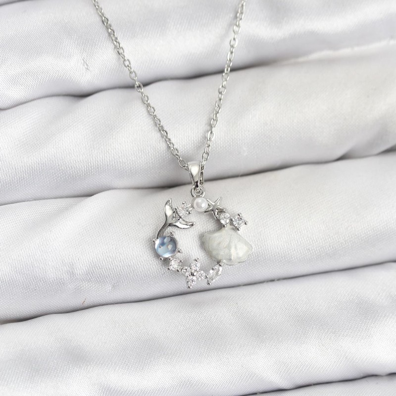 316L Çelik Zincir Gümüş Renk Deniz Tema Model Zirkon Taşlı Kadın Kolye