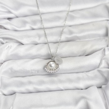 316L Çelik Zincir Gümüş Renk İncili Deniz Kabuğu Model Zirkon Taşlı Kadın Kolye