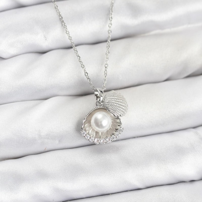 316L Çelik Zincir Gümüş Renk İncili Deniz Kabuğu Model Zirkon Taşlı Kadın Kolye