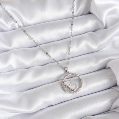 316L Çelik Zincir Gümüş Renk İşleme Detay Halka Kalp Model Kadın Kolye