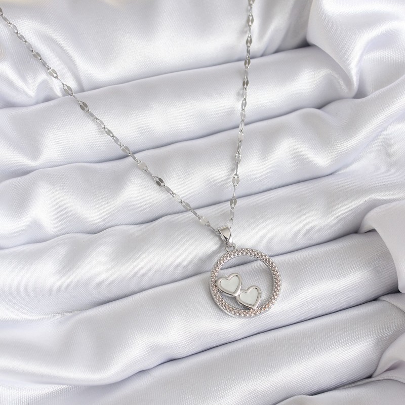 316L Çelik Zincir Gümüş Renk İşleme Detay Halka Kalp Model Kadın Kolye