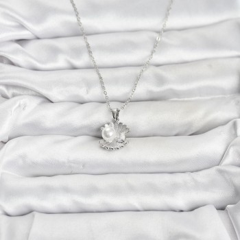 316L Çelik Zincir Gümüş Renk İstiridye İnci Model Zirkon Taşlı Kadın Kolye