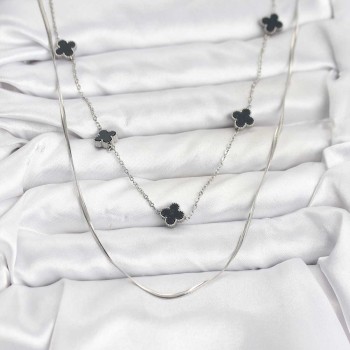 316L Çelik Zincir Gümüş Renk İtalyan Zincirli Siyah Yonca Model Kadın Kolye