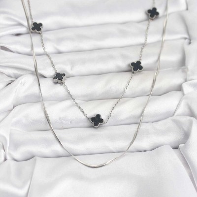 316L Çelik Zincir Gümüş Renk İtalyan Zincirli Siyah Yonca Model Kadın Kolye