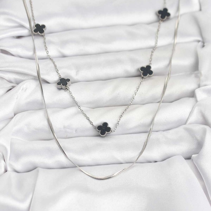 316L Çelik Zincir Gümüş Renk İtalyan Zincirli Siyah Yonca Model Kadın Kolye