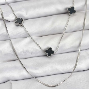 316L Çelik Zincir Gümüş Renk İtalyan Zincirli Siyah Yonca Model Kadın Kolye