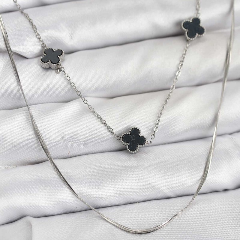 316L Çelik Zincir Gümüş Renk İtalyan Zincirli Siyah Yonca Model Kadın Kolye