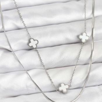 316L Çelik Zincir Gümüş Renk İtalyan Zincirli Yonca Model Kadın Kolye