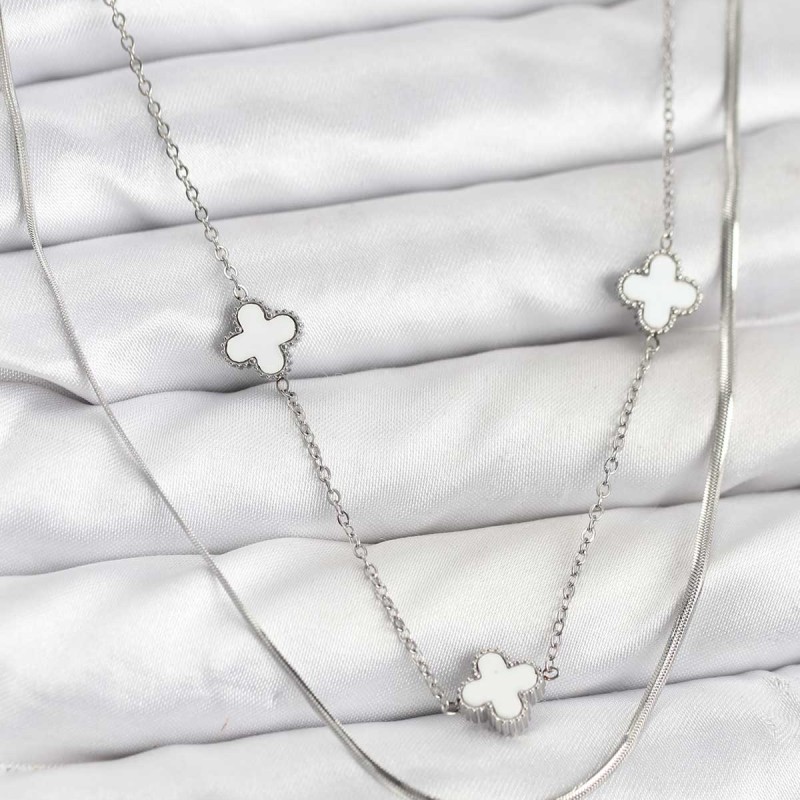 316L Çelik Zincir Gümüş Renk İtalyan Zincirli Yonca Model Kadın Kolye