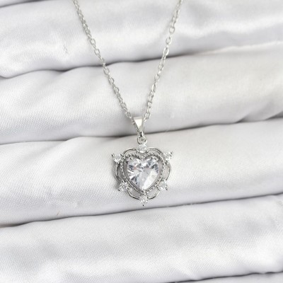 316L Çelik Zincir Gümüş Renk Kalp Model Zirkon Taşlı Kadın Kolye